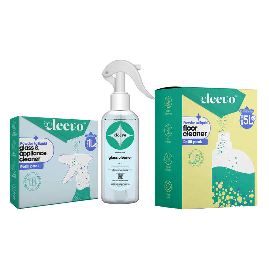 Cleevo Natural Glass Cleaner & Appliance Cleaner Spray Pack Powder To Liquid (1l) & Cleevo Natural Floor Cleaner Refill Pack Non-Toxic Eco-Friendly Powder To Liquid Lemon (5l) Combo
