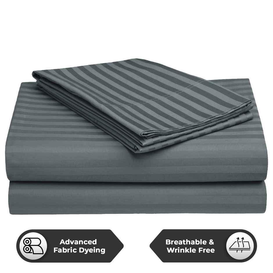 Story@Home 300 TC Dark Grey Stripes Microfiber Double Size bedsheet with 2 Pillow Covers