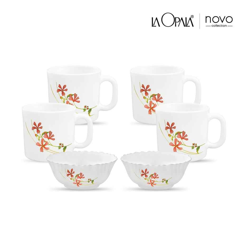La Opala Novo Coffee Time Set of 6 | Opal Glass Coffee Mugs & Bowls for Gifting - White