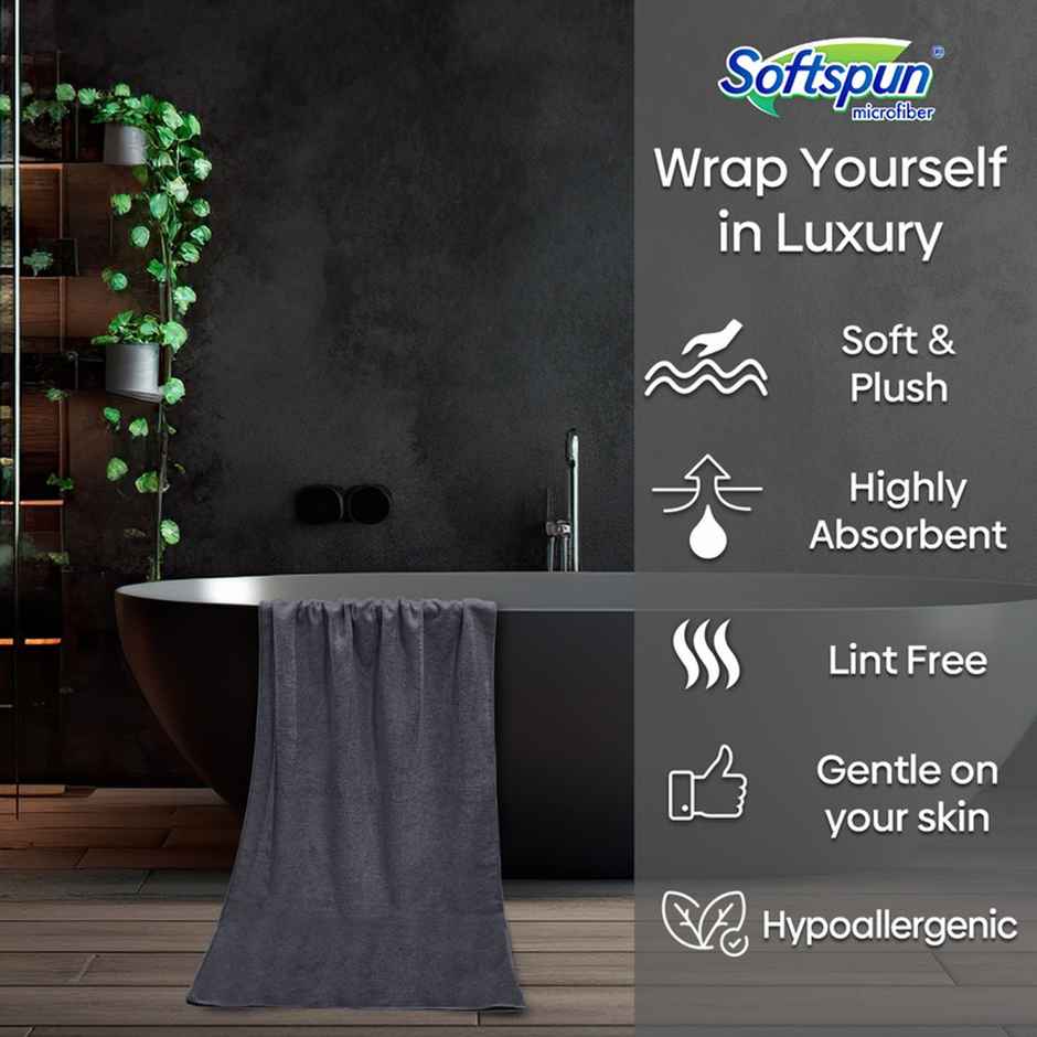 Softspun Microfiber Bath Towel (XL, 340 GSM, 70x140 cm, 1pc, Grey)