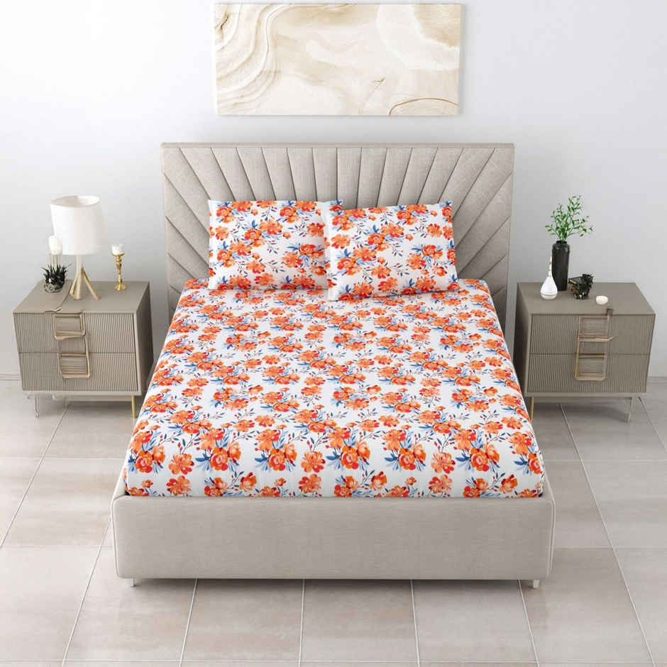 Bombay Dyeing Florentine 144 TC 100% Cotton Red Super King Size Bedsheet with 2 Pillow Covers