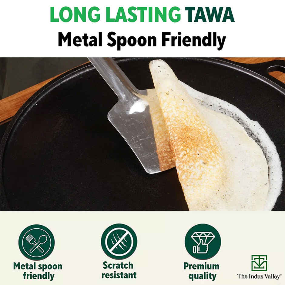 The Indus Valley Smooth Cast Iron Tawa for Dosa/Chapathi + Free Spatula | 30.5cm/12 inch, 3kg