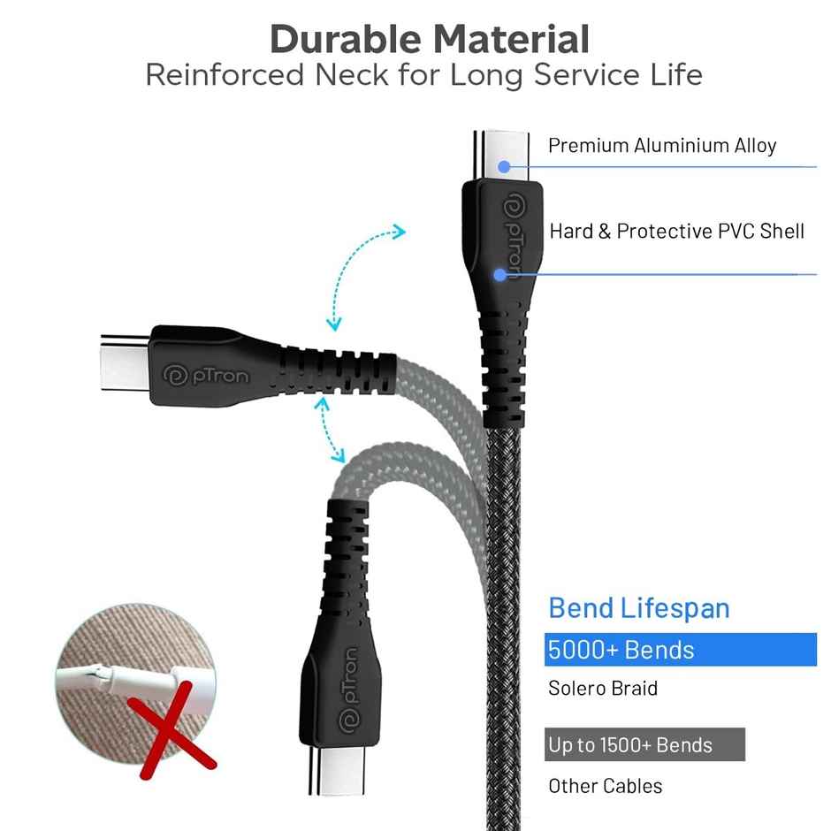 pTron Solero Braid 60W Type C Fast Charging Cable 1.5m For Samsung,OnePlus,Oppo,Vivo, Xiaomi - Black