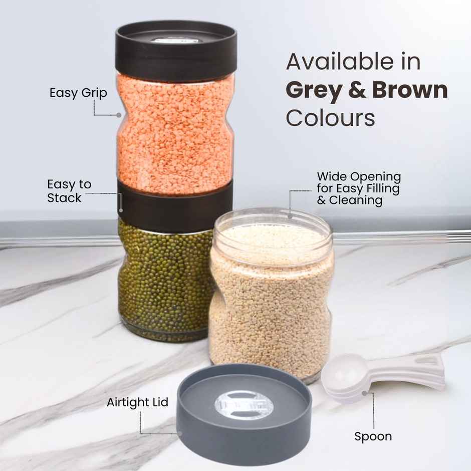 Flair Plastic Stackup Pet Jar Set Of 3 Pcs 1000 ml (Brown), Transparent