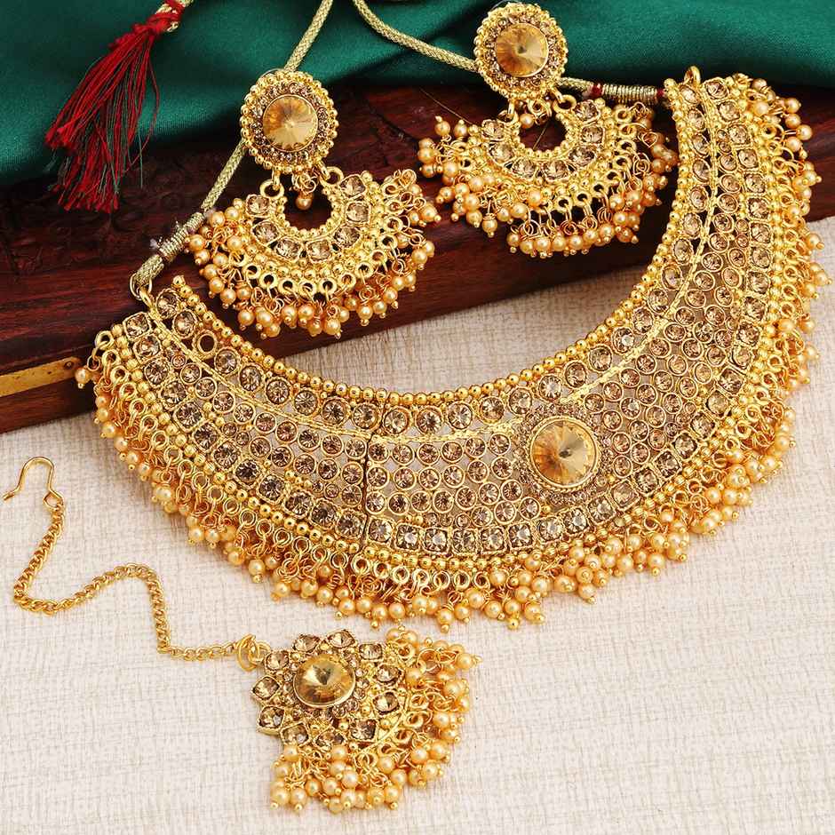 Sukkhi Traditional Pearl Gold Plated Lct Stone Choker Necklace Set For Women