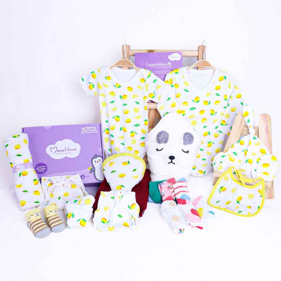 Moms Home Organic Cotton New Born Hospital Bag Kit | 0-3 Months | 20 Items | Lemon