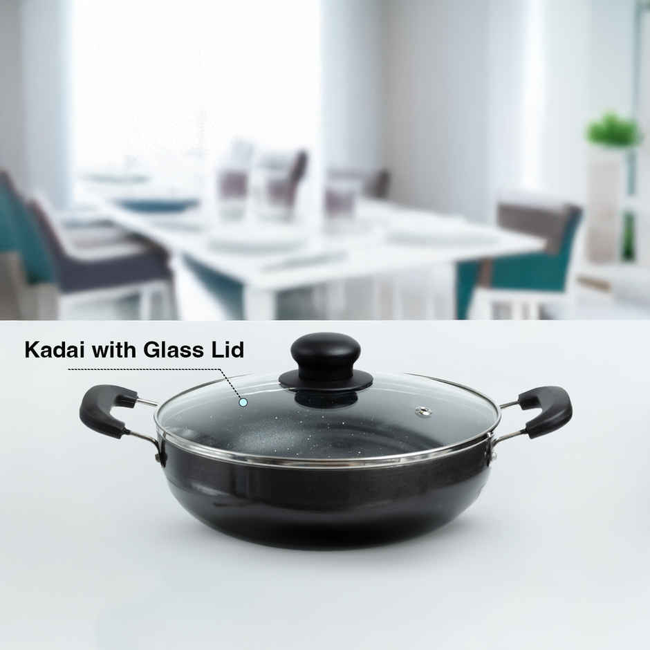 BAY6 Nonstick Kadai | 24 cm | Grey | Glass Lid | Non-Induction