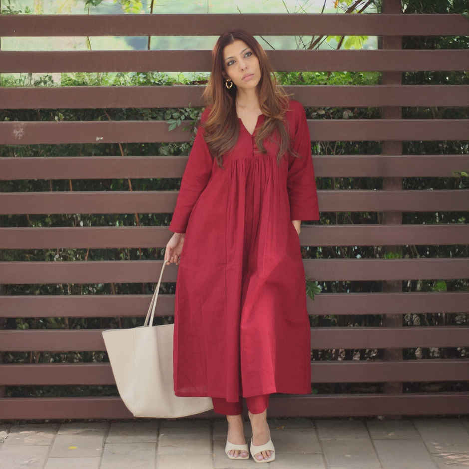 GoSriKi Women's Viscose Rayon Anarkali Solid Kurta with Pant | ANVI | Red - S