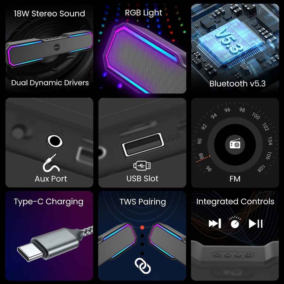 pTron Fusion RB 18W Bluetooth Soundbar| RGB Lights| Supports BT/FM/Aux/TF/USB Playback - Matt Black