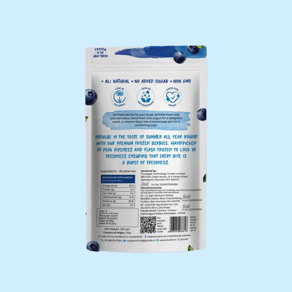 Pluckk Fresh Frozen Imported Blueberry Natural | Non Gmo | Rich In Antioxidants | Superfood Snack
