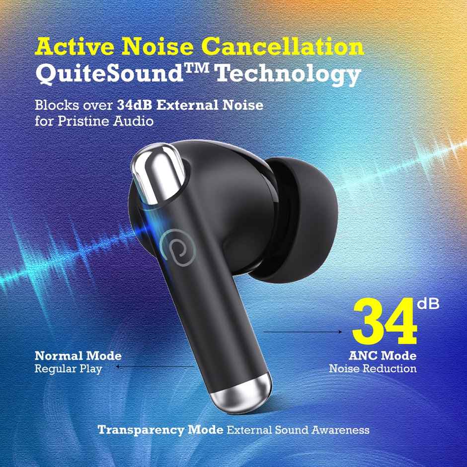 pTron Zenbuds Evo X5 34dB ANC TWS Earbuds | 4 Mic ENC Calls | 45H Playtime | 40ms Low-Latency - Black