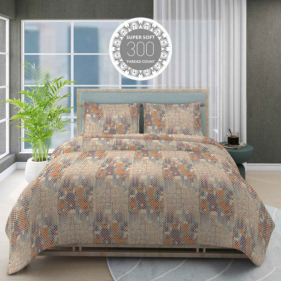 Boutique Living Geo Art (Cottage Garden) 100% Cotton 300 TC Beige King Bedsheet with 2 Pillow Covers