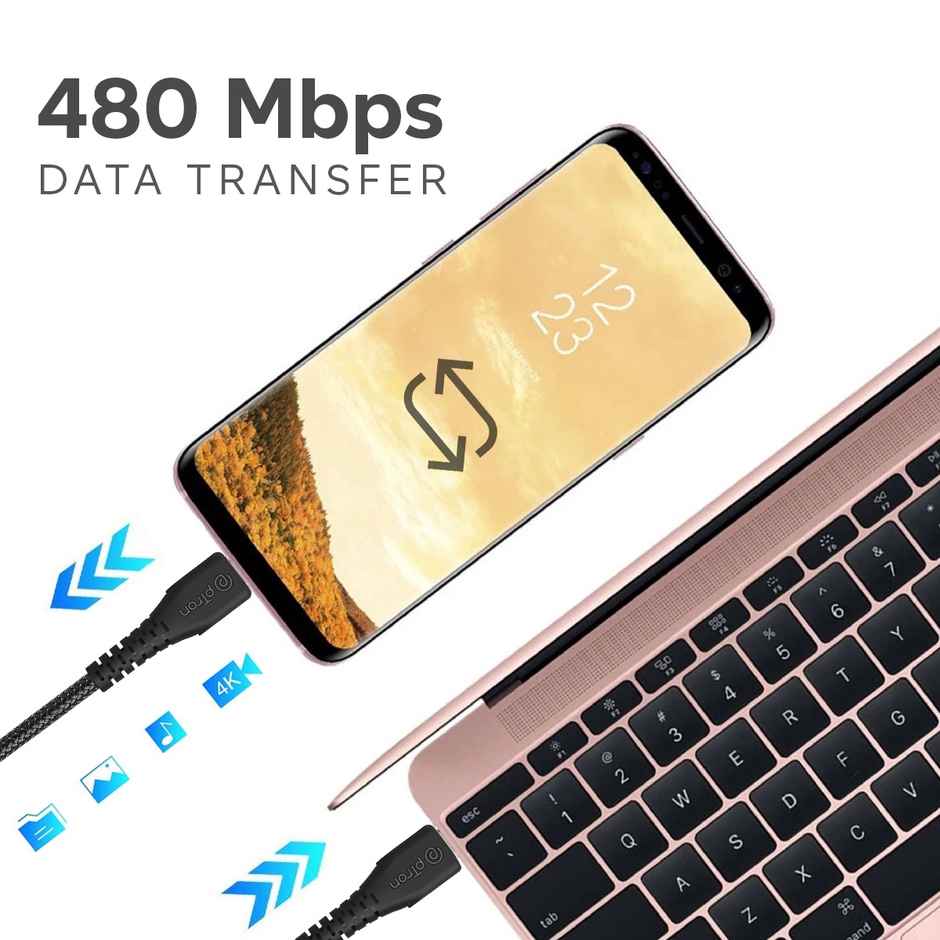 pTron Solero Braid 60W Type C to C Fast Charging Cable 1m for Samsung, OnePlus, Oppo, Vivo, Xiaomi, Realme, IQOO & Other Devices - Unbreakable Nylon Braid, 480Mbps Sync Speed - Black