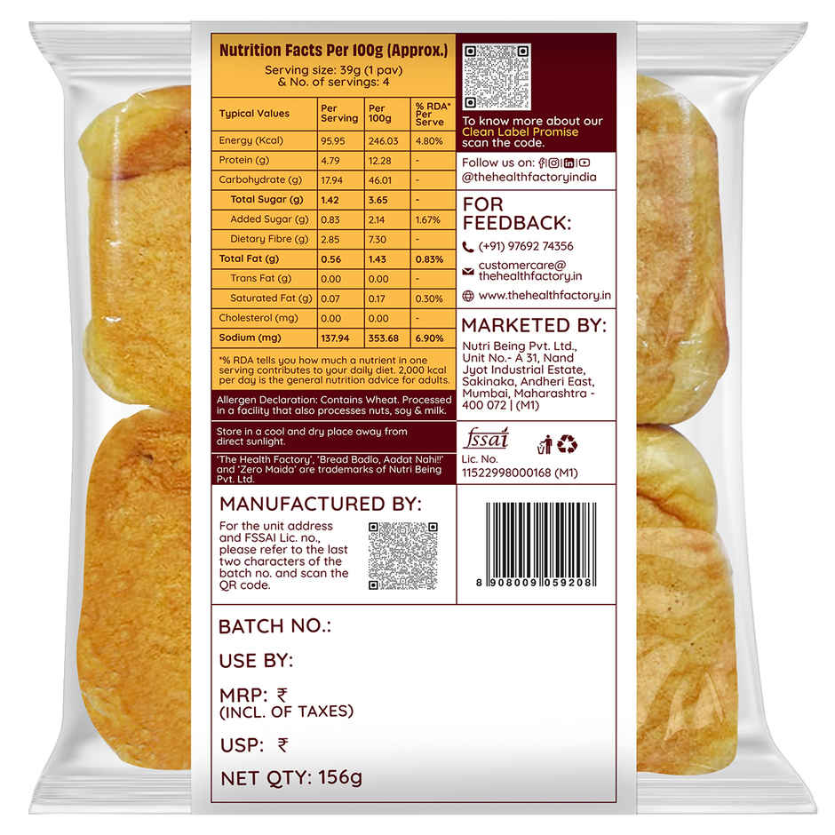 The Health Factory Zero Maida Bombay Pav (Pack Of 4) | Clean Label, Not Brown