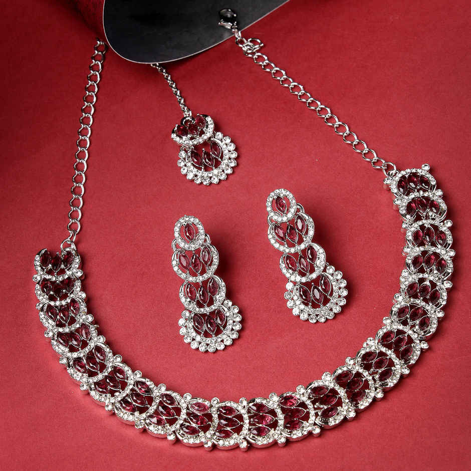 Sukkhi Beguiling Rhodium Plated Maroon Stone Studded Choker Necklace Set