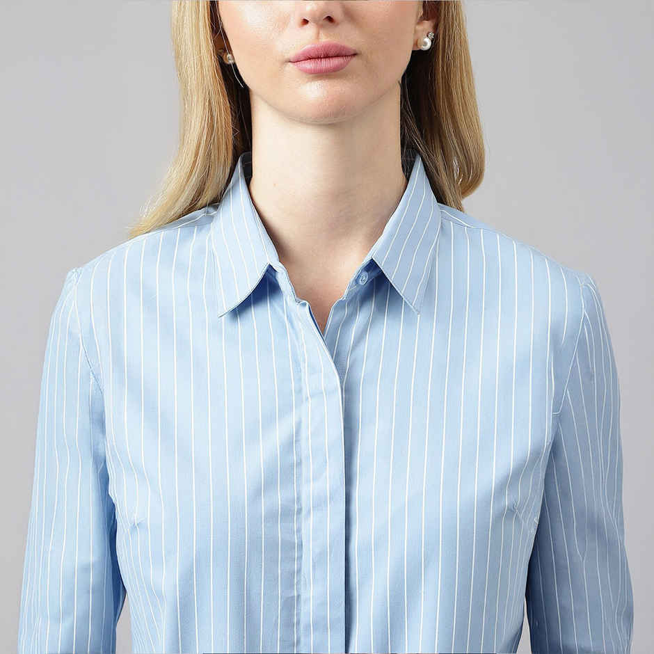 Hancock Women Blue Striped Regular Fit Pure Cotton Formal Shirt | M