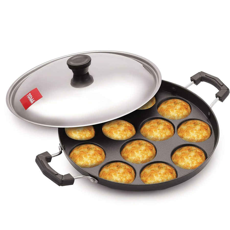 Tosaa 12 Cavity Appam Patra Paniyarakkal With Steel Lid & Wooden Picker- Color May Vary