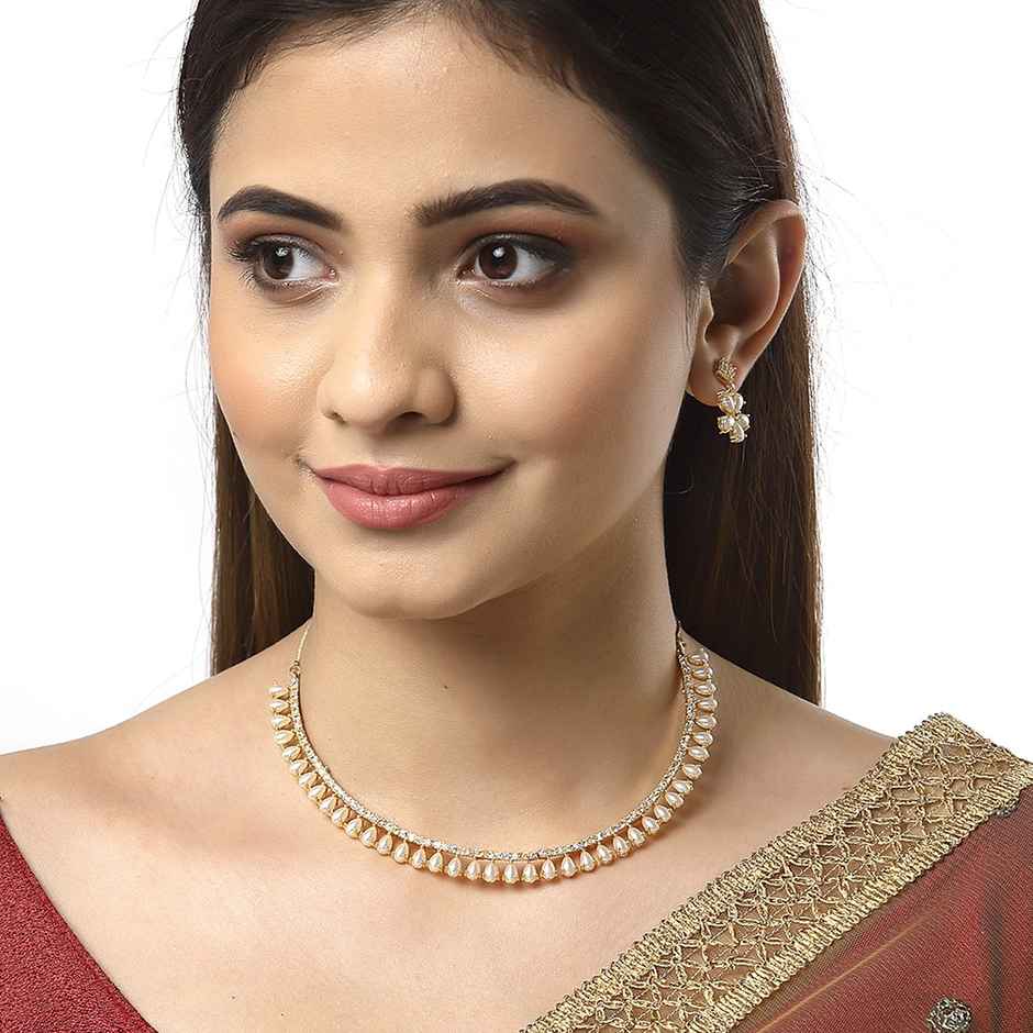 Zeneme White & Gold-Toned Gold-Plated AD-Studded Jewelry Set For Women & Girls