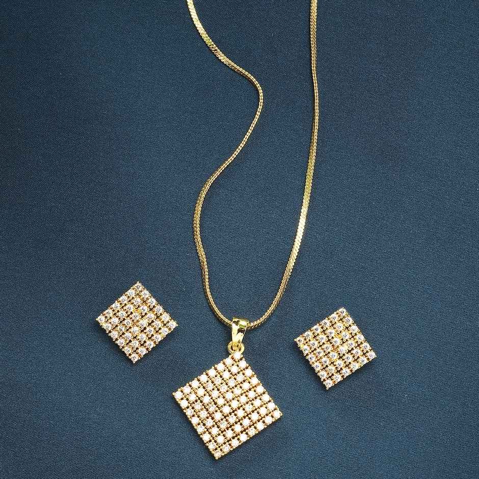 Zeneme Gold-Plated American Diamond Studded Square Shaped Necklace and Earrings For Women & Girls