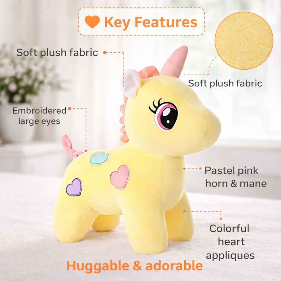 Fablue Unicorn Plush Soft Toy Animal Baby Boys & Girls | Yellow - 25 cm