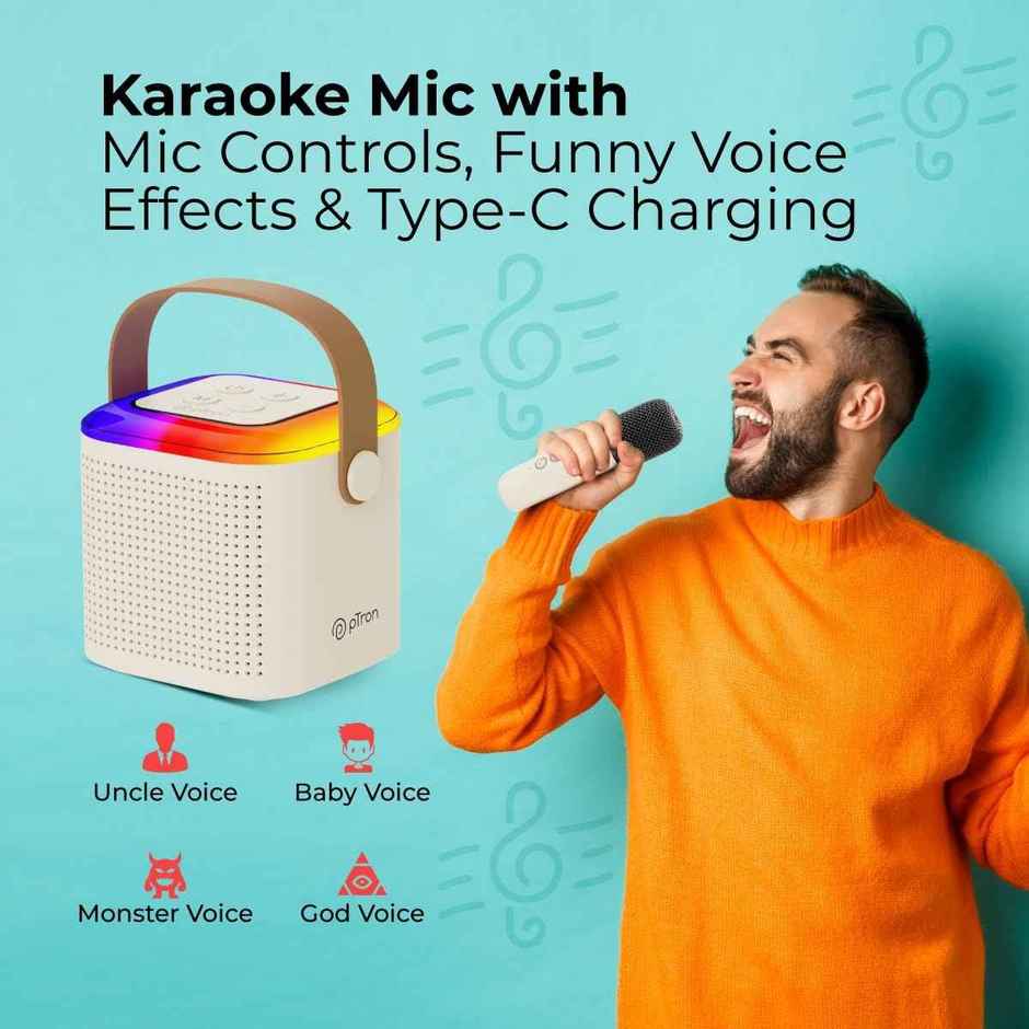 Fusion Tunes Bluetooth Speaker | 10W Output | Wireless Karaoke Mic | RGB Lights | 8 Hrs Playtime | Cream