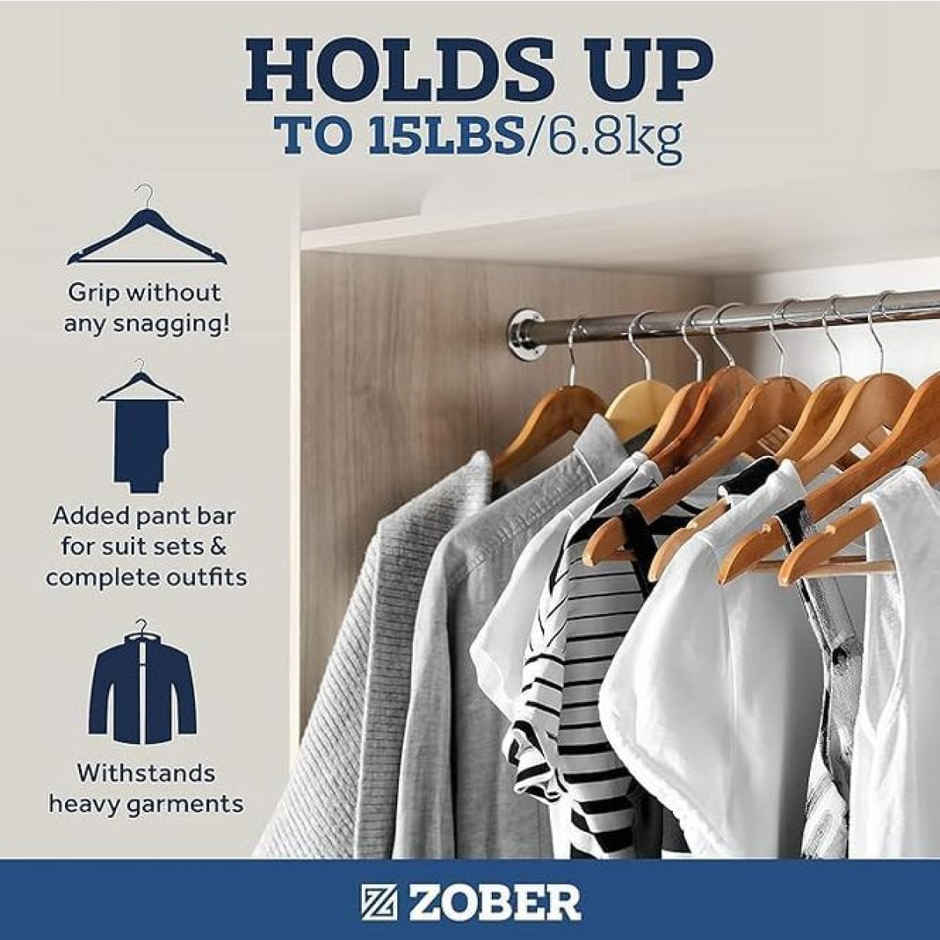 Zober Wooden Suit Hangers Pack-10 With Non Slip Pants Bar | 360 Swivel Hook