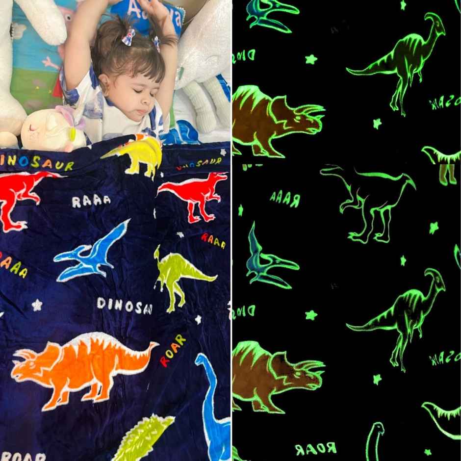 Famyo Glow Blanket | Dark Blue Dinosaur Queen Size AC Blanket for Ages 3 & Up - 200 x 152 cm
