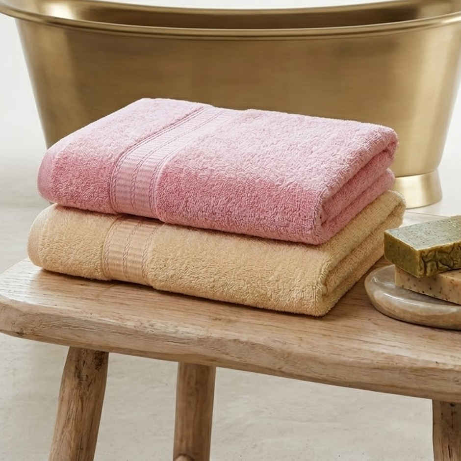 Superspun 100% Cotton- 420 Gsm- Vodre- Two Piece Set- Bath Towel- Size:70 x 140 - Pink & Cream