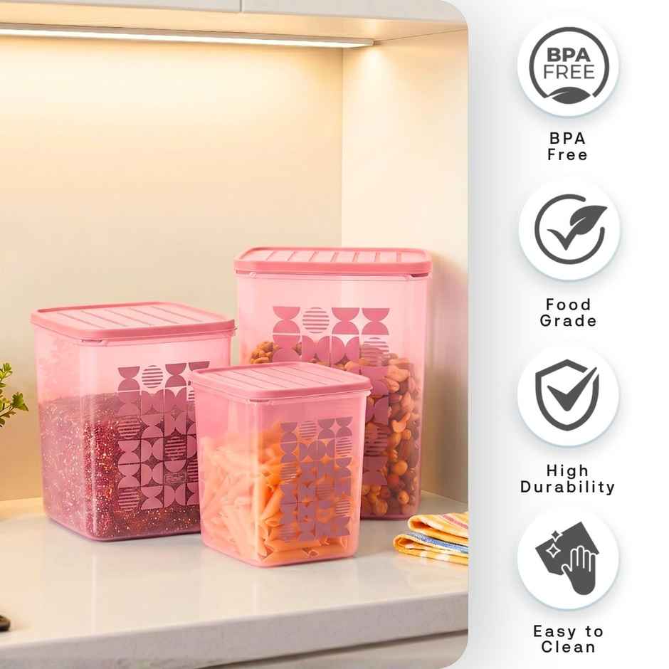 FLAIR Plastic Storewell Square Containers Set | Pink - 2 L , 3L & 4 L