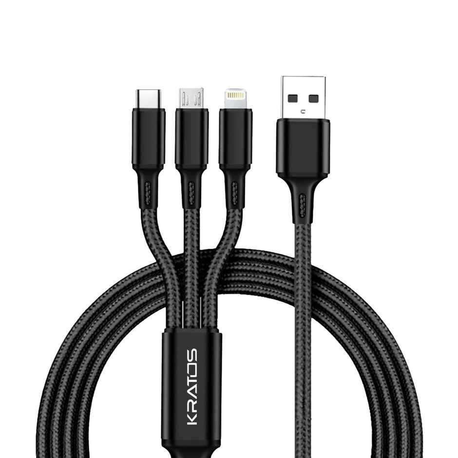 Kratos Unbreakable 1.2 Mtr Nylon Braided 3 in 1 Charging Cable with Type C, Lightning, Micro USB Port, Charging Cable compatible for iPhone,Samsung,OnePlus & Other Smartphones, 1 Meter - Black