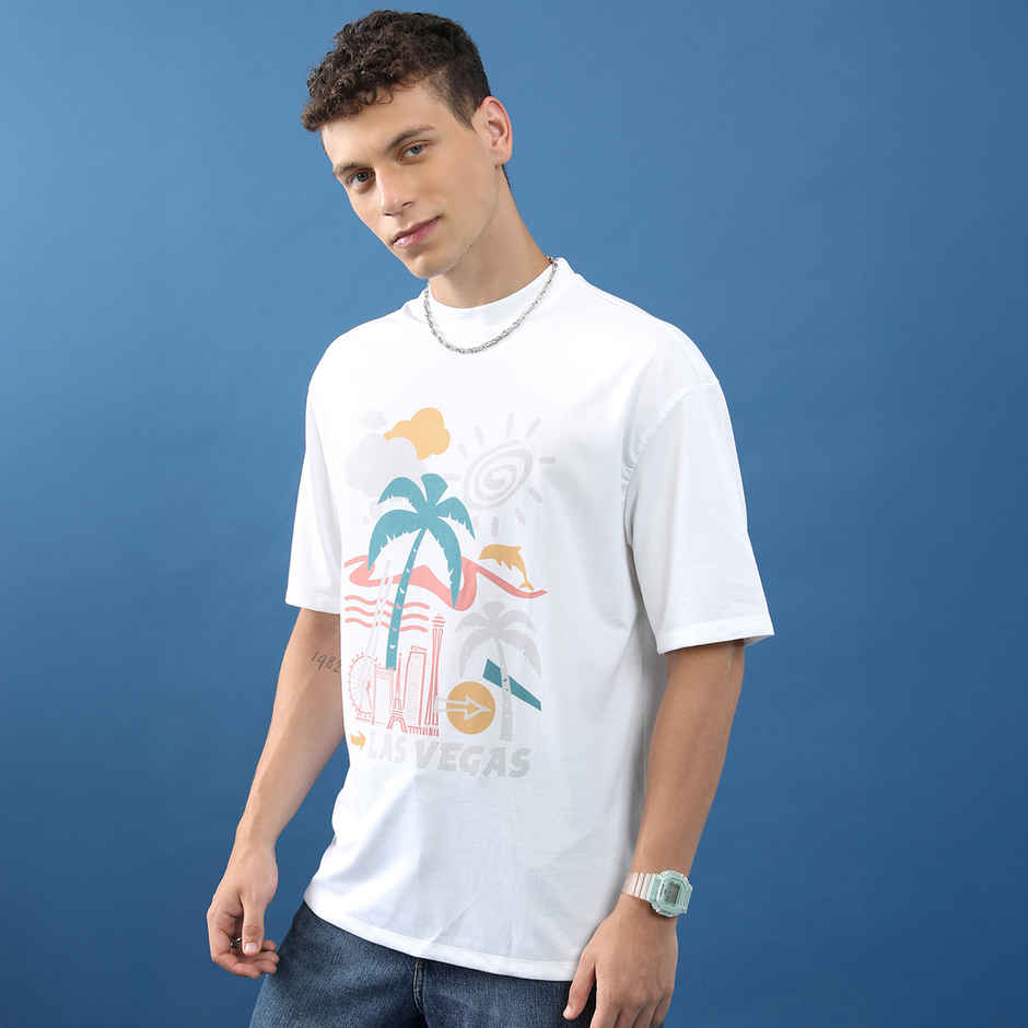 Highlander Unisex Graphic Printed Drop-Shoulder Sleeves Oversized T-Shirt | White - L