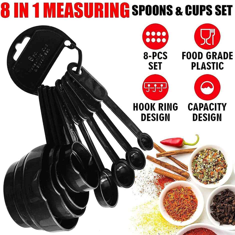 YouBee Plastic Measuring Spoon and Cup Set | 8 Pcs | Black