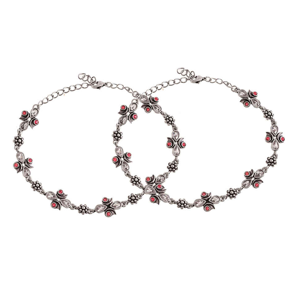 Voylla Abharan Silver Plated Pink And White Stones Anklets