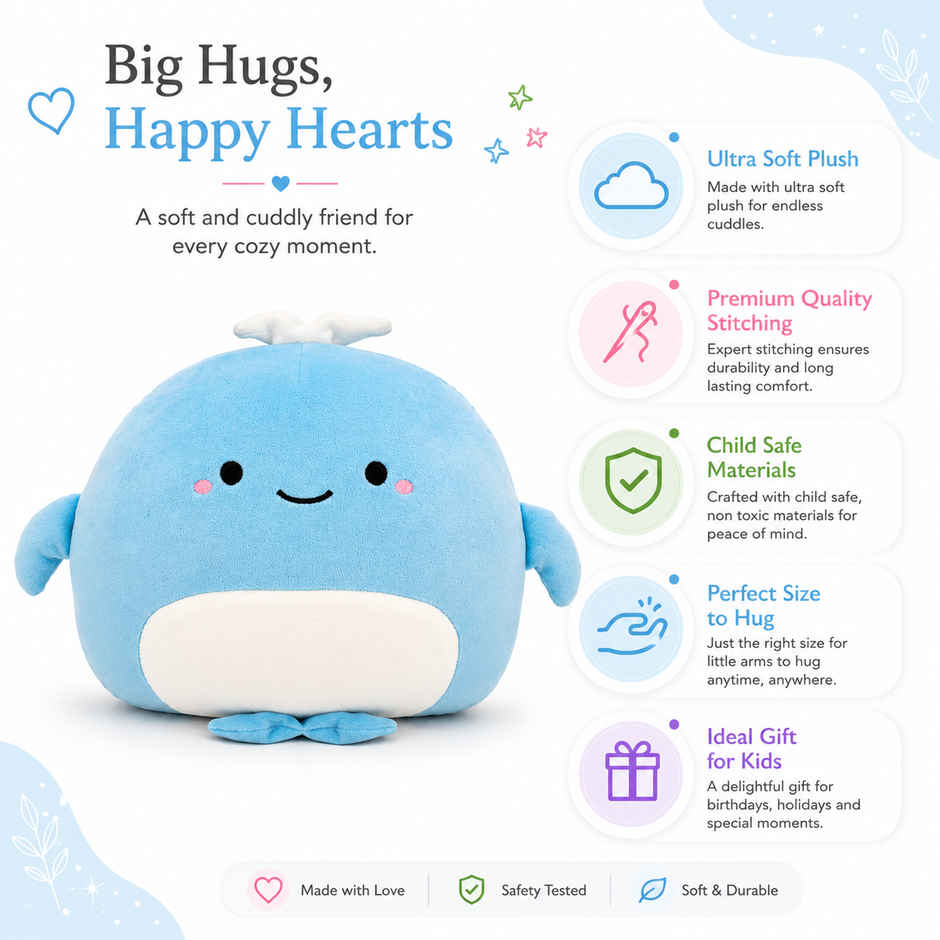 Zoowee Premium Whale Plush Pillow Soft Toy | 44 cm | Blue