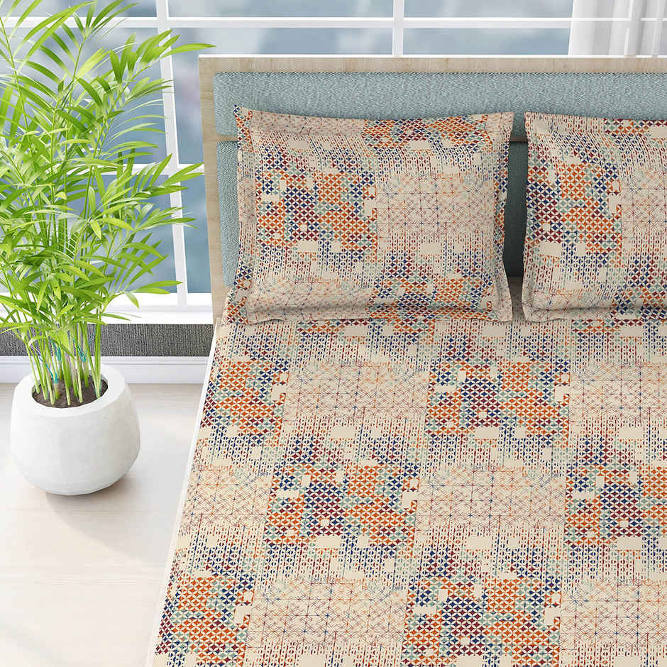 Boutique Living Geo Art (Cottage Garden) 100% Cotton 300 TC Beige King Bedsheet with 2 Pillow Covers