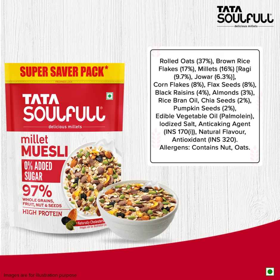 Tata Soulfull Millet Muesli, 0% Added Sugar 97% Whole Grains Fruit, Nut & Seeds Breakfast Cereal
