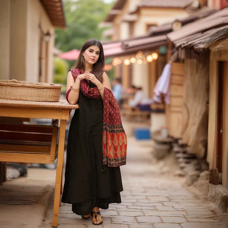 GoSriKi Women's Viscose Rayon Anarkali Solid Kurta with Pant & Dupatta | UMIKA | Black - L