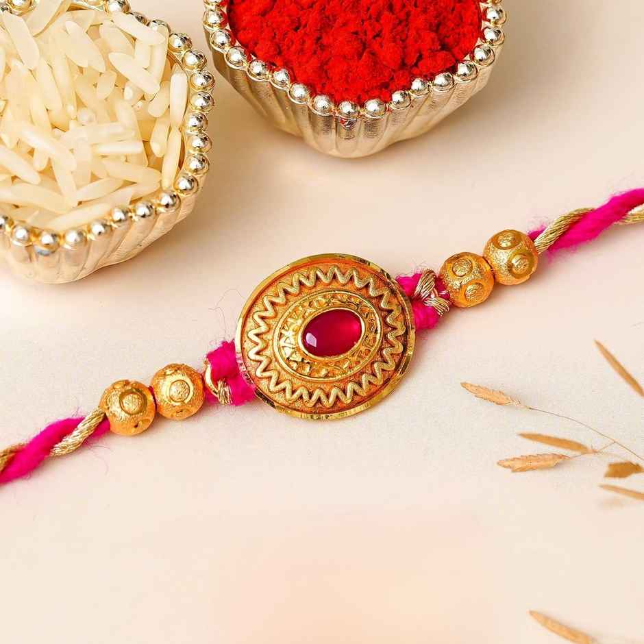 Kundan Designer Rakhi Golden Pink Beads with Roli Chawal | Pack of 1 | Ecraftindia