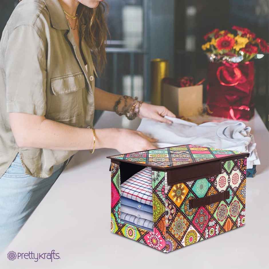 PrettyKrafts Shirt Stacker | Closet Organizer with Lid for Shirts & Wardrobe Storage - Multi Checks