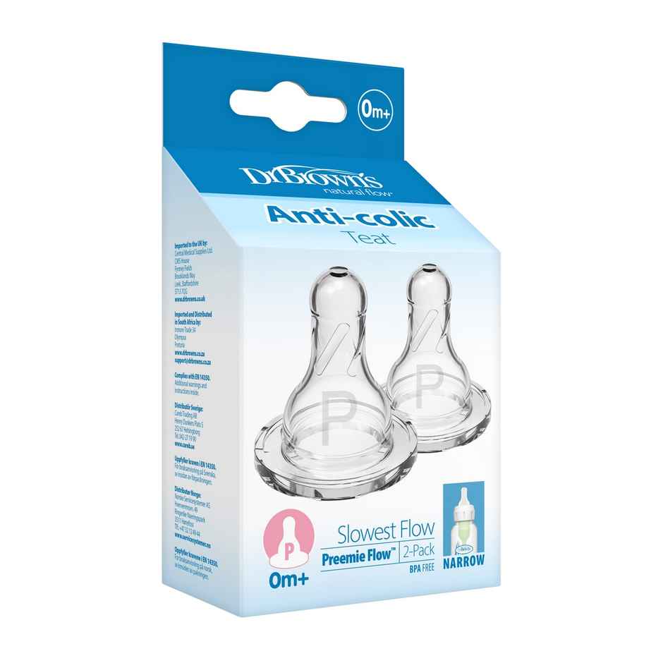 Dr. Brown's Preemie Flow Silicone Narrow Nipple, 2-Pack Transparent