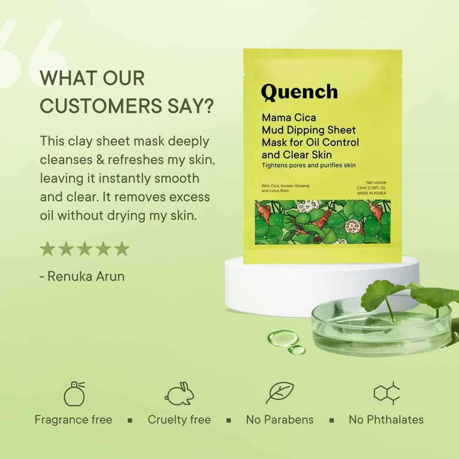 Quench Korean Mud Dipping Face Sheet Mask with Cica & Korean Ginseng for Pore Tightening