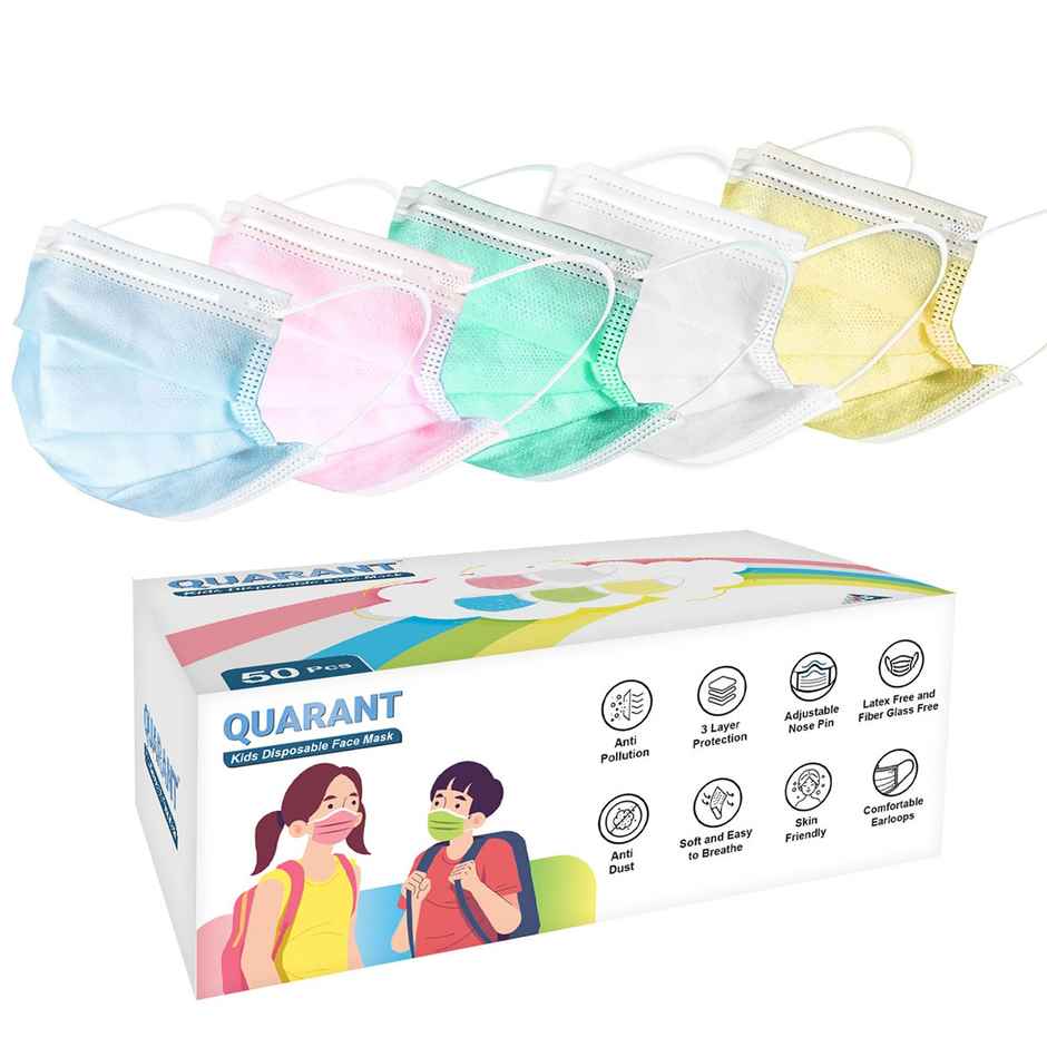 Quarant Kids 3 Ply Disposable Anti-Pollution Face Mask With Nose Clip | Rainbow Combo - Pack Of 50