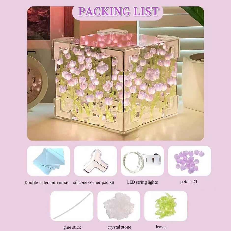 Desidiya DIY Tulip Cube Mirror Lamp Led Flower Lights, 2-In-1 Mirror & Table Decor - 1 pc