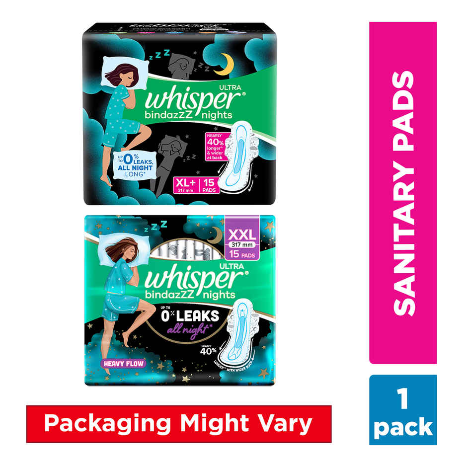 Whisper Bindazzz Nights XXL Sanitary Pads, Upto 0% Leaks All Night Long