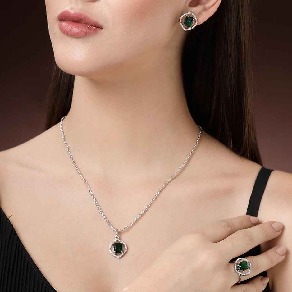 Zeneme Silver Plated AD Studded Marquise Halo Necklace and Earrings With Ring For Women & Girls