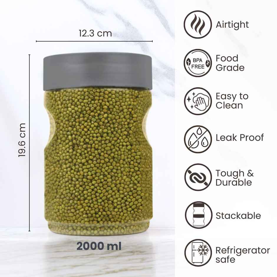 Flair Plastic Stackup Pet Jar Set Of 2 Pcs 2000 ml (Gray), Transparent