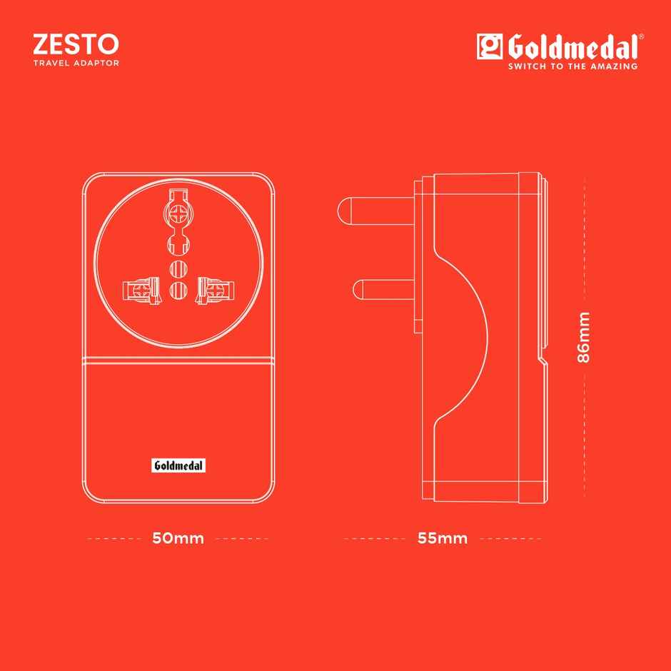 Goldmedal Zesto Travel Adapter with Universal Socket & Dual Port USB-A | 3-Pin Socket