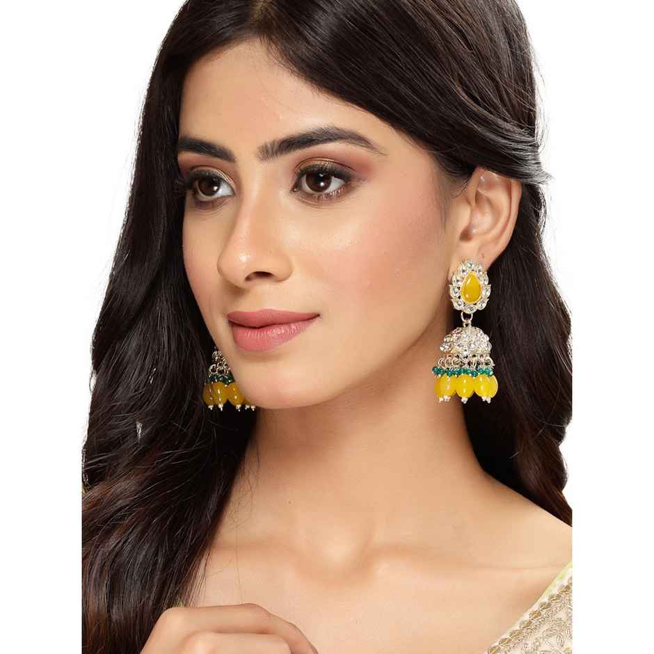 Studio Sukkhi Traditional Gold Plated Yellow Green Kundan Jhumka/Jhumki Earrings for Women