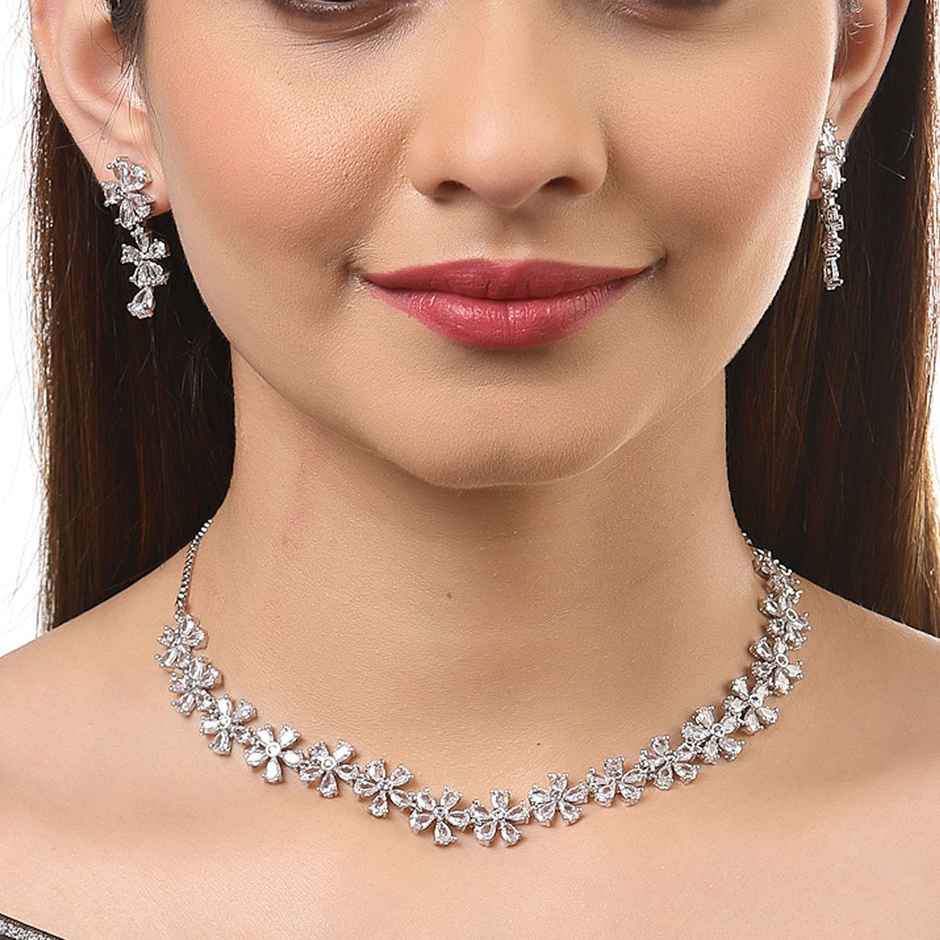 Zeneme Silver-Toned & White AD Stone-Studded Rhodium-Plated Jewellery Set For Women & Girls
