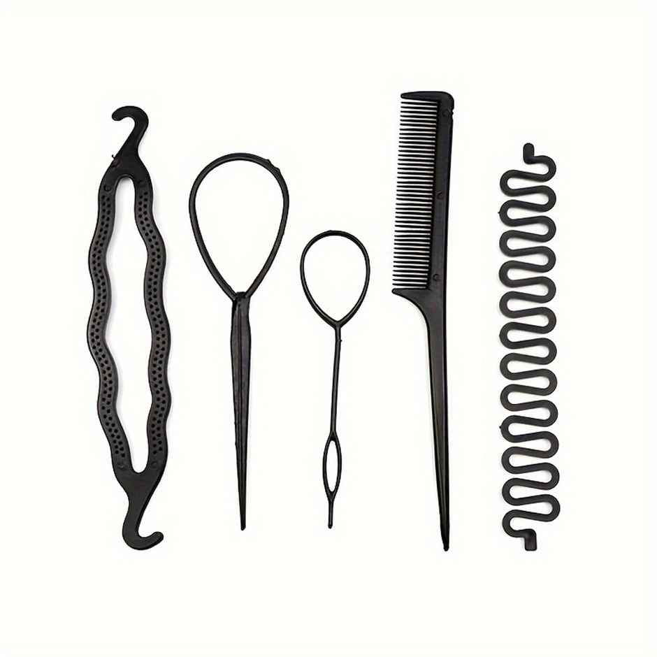 Chronex 5 Pc Hairstyle Braiding Set | Hair Bun Maker and French Braid Tools | Black